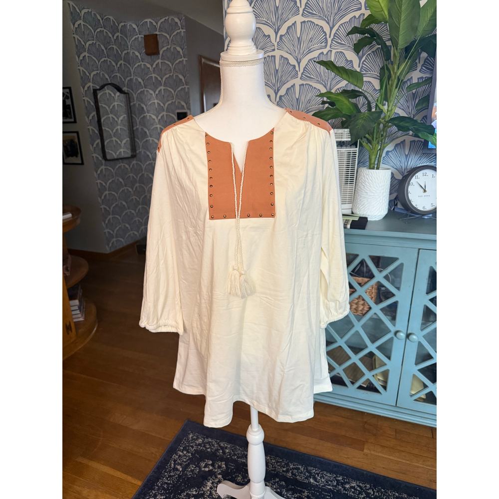 NWOT Haute Hippie TribeTunic Top w/ Studded Suede Detail in Antique White Sz. 3X